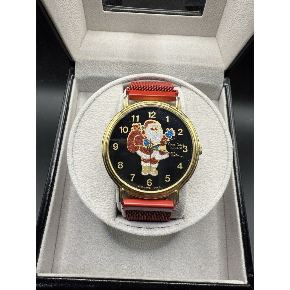 VTG Unisex Gold Tone Pierre Nicol Glitter Santa Claus Watch New Band Christmas